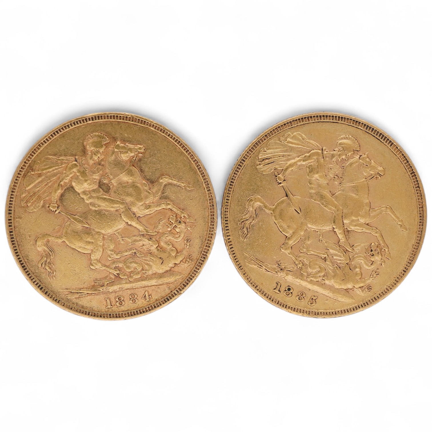 British gold coins, Victoria, two gold sovereigns;, 1885S, VF, and 1884M, fine or better